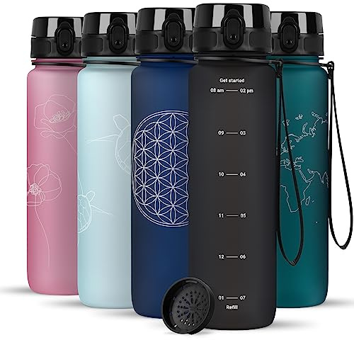 720°DGREE Trinkflasche 1l mit Motivationsskala “uberBottle“ +Sieb - BPA-Frei - Wasserflasche für Uni, Sport, Fitness, Fahrrad, Outdoor - Sportflasche aus Tritan - Leicht, Bruchsicher, Nachhaltig