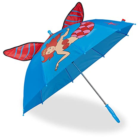 Relaxdays Regenschirm Kinder, 3D Motiv Meerjungfrau, Kinderregenschirm Mädchen, Ø 78 cm, kleiner Stockschirm, blau/rot | Kinderregenschirm Mädchen, Ø 78 cm, kleiner Stockschirm