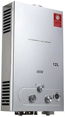 Lfhelper 12L 24KW Gasdurchlauferhitzer, LPG Warmwasserbereiter, 3,2 GPM Propangas Tankloser Kesselbrenner Sofort-Heißwasserbereiter mit Duschkopf-Kit für Kleine Häuser, Kabinen, Campingdusche silber