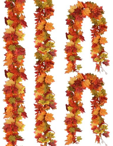 RECUTMS 4 Pcs Artificial Autumn Maple Leaves Garland 5.7 ft Pieces Vine Fall Decor Vines Hanging Plants for Home Colorful Christmas Wedding Party