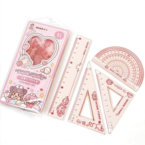 Set di 4 righelli flessibili da 15 cm, in plastica, righelli dritti, triangolari, infrangibili, bordo dritto, goniometro, goniometro, matematica, geometria, forniture per scuola e ufficio (rosa)