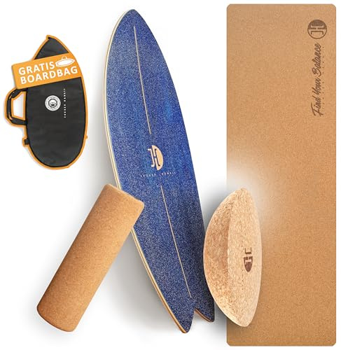 JUCKER HAWAII Balansbräda Ocean Rocker Blue – Balanceboard av 100 % äkta trä med halvkula, korkrolle och matta – balanstränare för barn och vuxna – surfbalansbräda