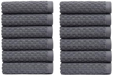 COTTON CRAFT Euro Spa Waffle Wash Cloth - Set of 12 Luxury Pure Ringspun Cotton Waffle Weave Bathroom Face Towel - Everyday Absorbent Hotel Gym Shower Beach Kitchen Travel Dorm - 12x12 inches - Grey