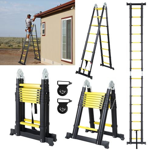 Fiqops Teleskopleiter Mit Rädern, 5M (2,5+2,5) Rutschfester Aluminium Stehleiter, 150 kg/330 Pfund Belastbarkeit Ausziehbare Leiter, Aluminiumleiter mit Tragegriff, Mehrzweckleiter