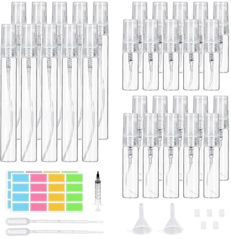 30 Stück Mini Parfümzerstäuber Portable Nachfüllbar Mini Glas Sprühflasche klein Zerstäuber Kleine Sprayflasche für Familie mit Trichter Pipetten und Etikettenaufkleber (transparent, 3ml+5ml+10ml)