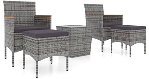 Makastle Bistroset 5-teilig, Bistrotisch Gartenstühle, Kleiner Gartenlounge Balkonset Gartengarnitur mit Kissen, Sitzgruppe im Garten und Balkon, Gartenmöbel Set, Poly Rattan und Hartglas Grau
