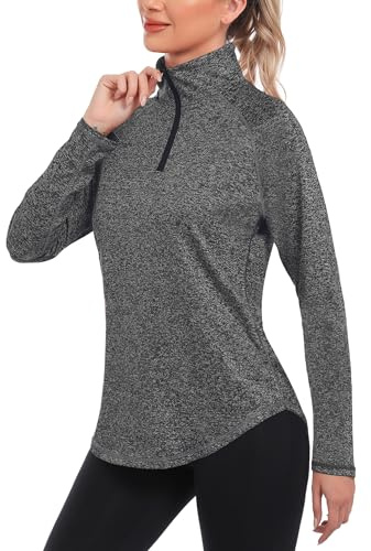 iClosam Maglia Sportiva Donna Manica Lunga Maglia Tecnica Trekking con Mezza Zip Maglietta da Corsa Traspirante Maglie Running Leggera Grigio M