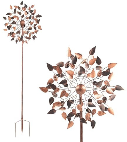 Lemodo großes Windspiel mit gegenläufigen Rotoren, Gartendeko in 2 Höhen aufbaubar, Gartenstecker mit 213 cm Höhe, Windmühle in Kupferoptik, Windskulptur mit Charme, NA203