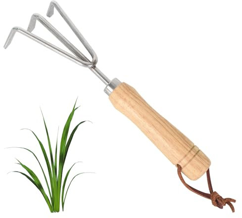 Hand Cultivator 3 Pronged, Stainless Steel Garden Hand Held Claw Rake, 3 Prong Garden Hoe, Three-Tined Garden Claw, Garden Hand Cultivator, Compact and Sturdy, Wooden Handle, 27 CM