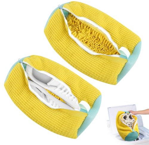 ‌2er Set Schuhwaschbeutel für Waschmaschine | Wiederverwendbarer Sneaker-Waschbeutel mit Reißverschluss | 360° Reinigung für alle Schuharten & Größen (39x19cm) | Inkl. 2x Gelbe Wäschesäcke