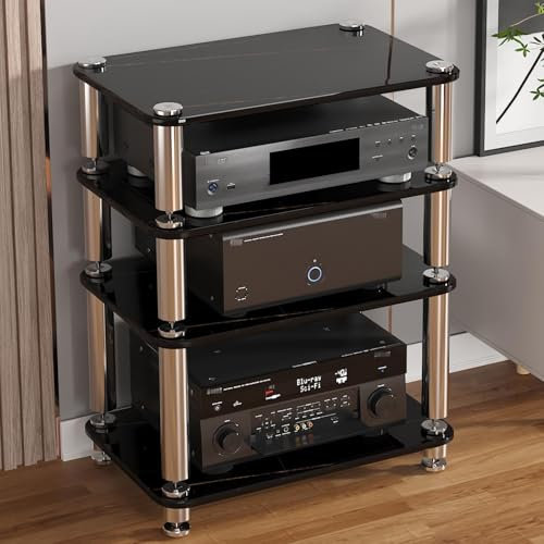 LYXWGRZD 4-stufiger Audio Rack HiFi Regal, HiFi Rack mit reichlich Stauraum, Plattenspieler Regal, gehärtetes Glas, Phonoschrank mit stoßdämpfenden Fußspikes, starke Tragfähigkeit(Nero,76cm/29.9in)