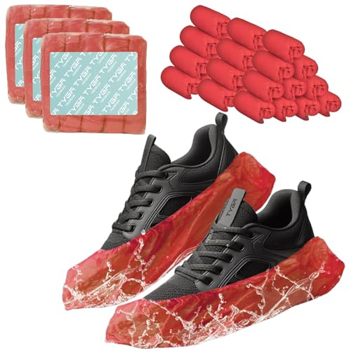 TYGA Disposable Shoe Covers, 300 Pack Red Overshoes, Waterproof & Anti-Slip Plastic Boot Covers, Dustproof Floor & Carpet Protectors, One Size Fits Most