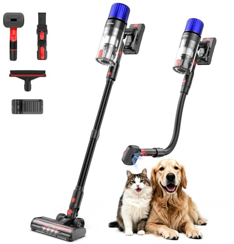 Teendow Cordless Vacuum Cleaner, 500W 50 Minutes Runtime Stick Vacuum for Pet Hair, Powerful Suction, Rechargeable, Lightweight, Handheld Vacuum Versatile for Carpet, Hard Floor (Black)
