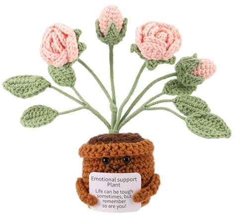 TOYMIS Positive Rose Crochet, Emotional Flower Pot Plush Doll Knitted Potato Support with Inspirational Card for Couple Gift Office Home Decor Graduation Mother Festive Gift(Pink)