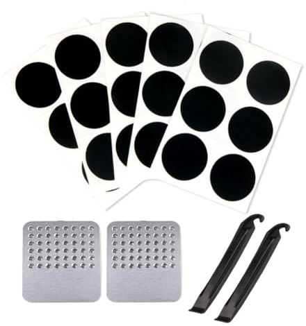30Pcs Black Round Rubber Bike Tire Puncture Patches with Polished Metal Rasp and Crowbar Self Adhesive Bicycle Tube Patch Tyre Repair Kits Inner Tubes Tire Repairing