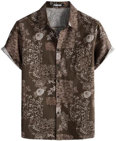 PARKLEES Men's Cotton Linen 70s Vintage Pattern Old Style Shirt Casual Short Sleeve Button Down Retro Shirts