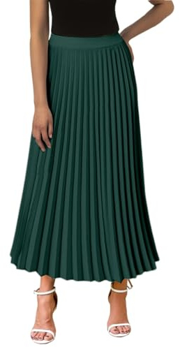 Rock Damen Sommer Lang Faltenrock Plisseerock Elegant Elastisch Chiffon Rock Midi Sommerrock Hohe Taille Strandrock Dunkelgrün L