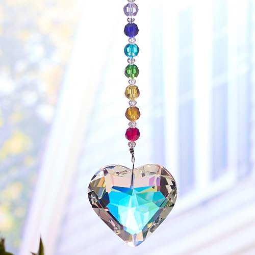 QINJIEJIE Sonnenfänger Kristall Herz Prisma Glas Chakra Perlen Fensterdeko Hängend Sonnenfänger Basteln Herz Kristalle zum Aufhängen AB Suncatcher Regenbogen Fenster Garten Deko