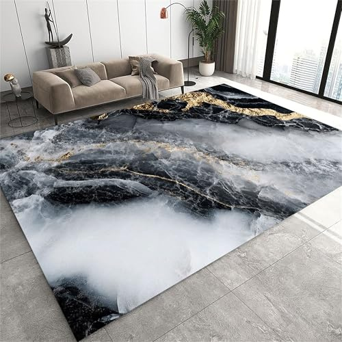 Moderner Schwarz-Weiß-Gold Marmor Teppich 200x280cm - Weicher Kurzflor für Wohnzimmer & Schlafzimmer - Zeitgenössischer Abstract Druck - Rutschfeste Unterseite, Leicht zu Reinigen (Kinderzimmer Deko)