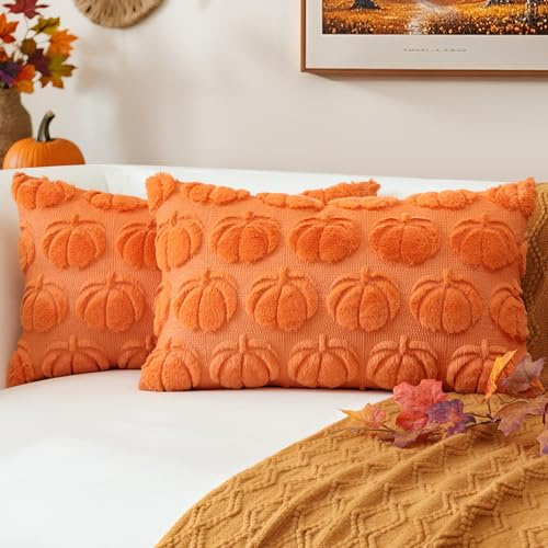 JOTOM 2er Set Kürbis Kissenbezüge, Plüsch Kurze Wolle Dekorativ Zierkissenbezüge Herbst Boho Kissenhüllen Sofakissen Moderne Kissenbezug Herbstdeko für Wohnzimmer Garten (40x60cm, Orange)