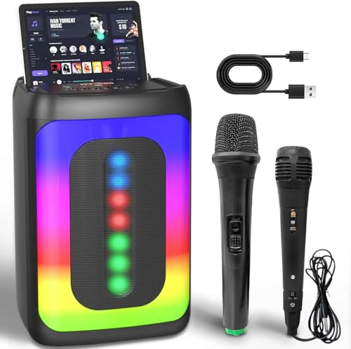 Vexloria Karaoke Maschine mit 2 Mikrofone, Tragbare Karaoke Maschine, Bluetooth-Lautsprecher für Erwachsene/Kinder mit Led Lichteffekte, Unterstützt TF, USB, AUX, TWS, Schwarz