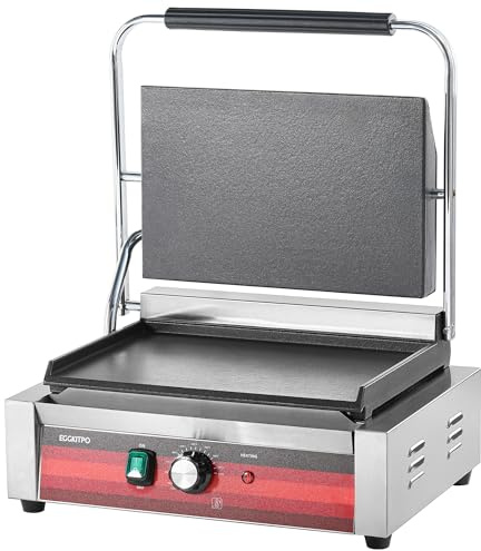 EGGKITPO Commercial Electric Panini Grill with Flat Plates Stainless Steel Sandwich Maker 14× 9.5 Cast Iron Enamel Plate Countertop Panini Press with Temperature Control for Business 110V 1700W