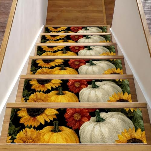 Tappetini antiscivolo per scale, confezione da 15 pezzi, 20,3 x 76,2 cm, lavabili in lavatrice, per gradini in legno, festa del Ringraziamento, autunno, zucche e fiori di girasole
