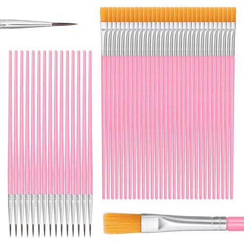 Small Pink Paint Brushes Bulk, 60 Pcs Flat & Round Acrylic Paint Brushes Set, Nylon Hair Paints Brush for Kids, Paints Brush for Craft Acrylic Painting Oil Watercolor Canvas Face Painting