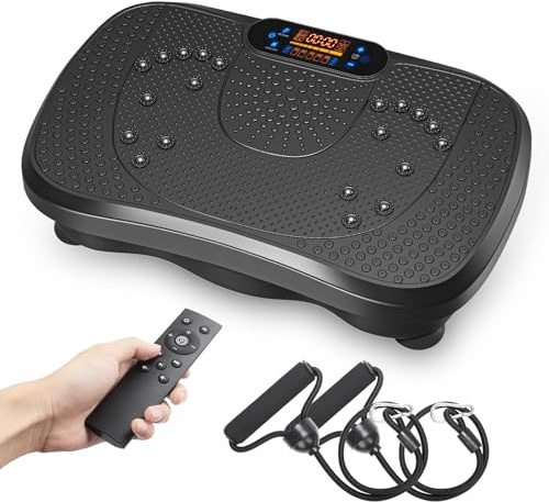 Dripex Vibrationsplatte, 3D Trainingsgerät mit 99 Vibrationsstufen, Fitnessgeräte für Zuhause, Ganzkörpertraining und Muskelaufbau, 5 Trainingsprogramme, Bluetooth Lautsprecher, Trainingsbänder