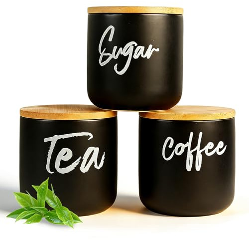 MEETOZ Tea Coffee Sugar Canisters, Set of 3 Ceramic containers, 500ml Ceramic Storage Jars with Airtight Bamboo Lids, kitchen canisters, for Home Kitchen Food Storage, Black