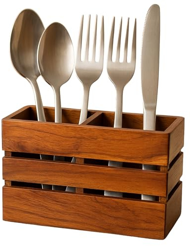 Decordust Wooden Cutlery Holder Caddy 2-Compartment Multipurpose Portable Solid Wood Kitchen Utensil Organiser for Indoor, Outdoor, BBQ Parties, Dining Table