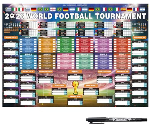 XINDY Extra Large World Cup Football 2026 Wall Chart, 96 x 66cm World Cup WallChart Schedule Poster with UK Time, 48 Teams Group & Knockout Results Tracker for Football Party Decorations
