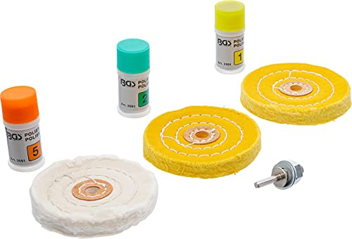 BGS 3991 | Polier-Sortiment für harte Metalle | 7-tlg. | Für Stahl, Edelstahl, Eisen | Zum Kratzer-Entfernen | 3 Polierscheiben | Bohrfutterdorn | 3 Polierpasten