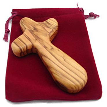 HolyRoses Olive Wood Holding/Comfort Hand Cross for a Child with Velveteen Bag - Christian Cross Made in Bethlehem Fits Comfortably in Child's Hand - With Explanation Card and Psalm 23 (1)
