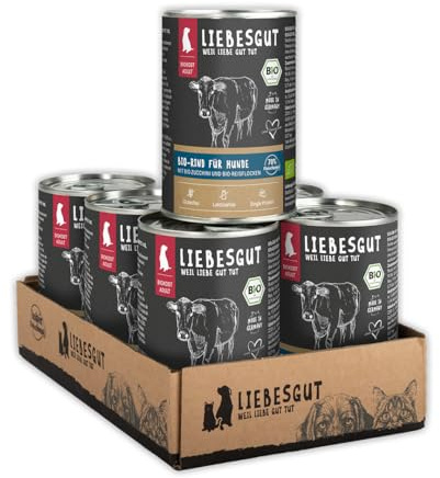 Liebesgut Bio Hundefutter Nass Bio-Rind mit Bio-Zucchini und Bio-Reisflocken, extra viel Fleisch, 6x400g, produziert in Bayern