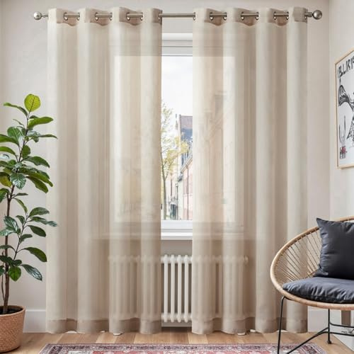TOPICK Voile Vorhang Mit Ösen Sheer Vorhänge Transparent Gardine Gaze Paarig Ösenschals für Wohnzimmer Schlafzimmer 245 cm x 140 cm(HxB) 2er - Set Hell Beige