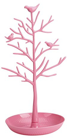 ChezAbbey Jewelry Stand Necklace Tree - Earring Organizer Holder Plastic Birds Tree Display with Tray Antique Bracelet Rings Rack Tower Decoration for Women Girl Pink 11.8 Inch
