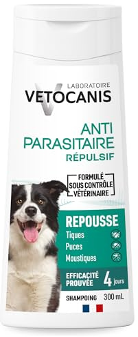 Vetocanis - Shampoing pour Chien - Anti-puces et Anti-tiques- Convient à tous types de Poils - A l'extrait de Plantes - Effet Répulsif - Sans Parabène ni Silicone - 300 ml