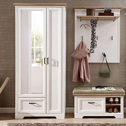 Lomadox Landhaus Flurgarderoben Set 3-teilig in Pinie weiß mit Artisan Eiche inkl. Sitzpolster
