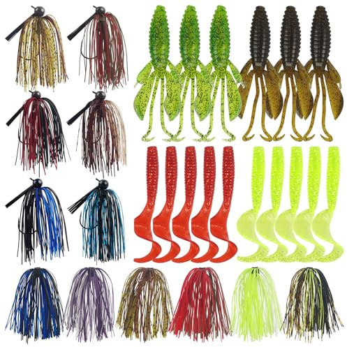 Bass Fishing Lures Kit Include Weedless Football Swim Jigs, Spinner Bait Skirts, Craw Soft Plastic Worms Grub Bait Set Fishing Lures for Bass Trout