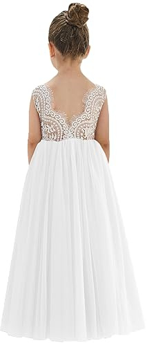 2Bunnies Girl Peony Lace Back A-Line Straight Tutu Tulle Party Flower Girl Dress (White Sleeveless Maxi, 6)