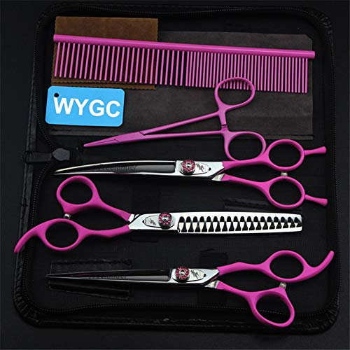 WYGC PETS Profi Premium Hunde Haarschere 440C Rostfreier Stahl Klinge Scharf und Stark Set-Perfekt Verdünnung,Gerade,Gebogene Schere mit Kamm zum Pflege Deshedding 7,0 Zoll (Color : Big Tooth Set)