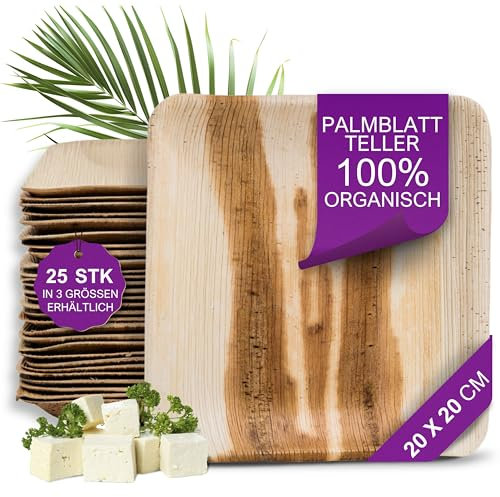 Waipur 25 Platos Desechables de Hoja de Palma Orgánicos - Cuadrado 20x20 cm - Vajilla Ecológica Elegante - Estable, Natural y Biodegradable - Menaje para Fiesta - Estilo Madera