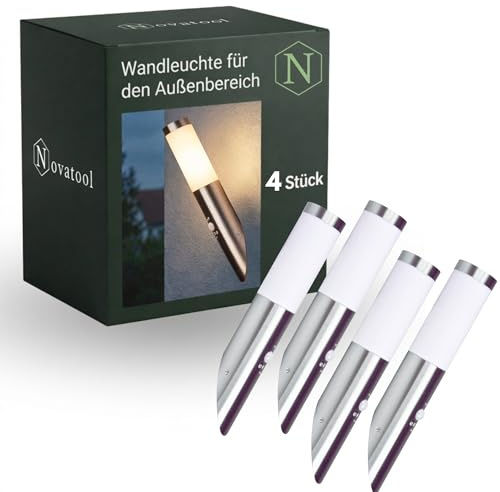 Novatool 4x Außenleuchten Edelstahl mit Bewegungsmelder I IP44 I E27 Sockel I Ø7x8H36 cm I Außenlampe für Terasse Aussenleuchten Haus Wandleuchte Aussenbeleuchtung Lampen Außenbereich Außenlicht
