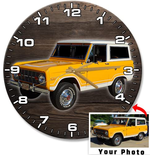 Kool-Kool Personalized Photo Wall Clock for Suvs 4x4 Classic Bronco Lovers, 12 Inch Wooden Round Clock, car Enthusiast Home Decor, Birthday Xmas Custom Gift for SUVs, 4x4, Off-Road