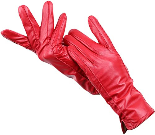 Gestreifte Lederhandschuhe für Damen, bunte Lederhandschuhe, Schaffell Damen Lederhandschuhe, Mode Fäustlinge Frauen Winter Rot 7,5