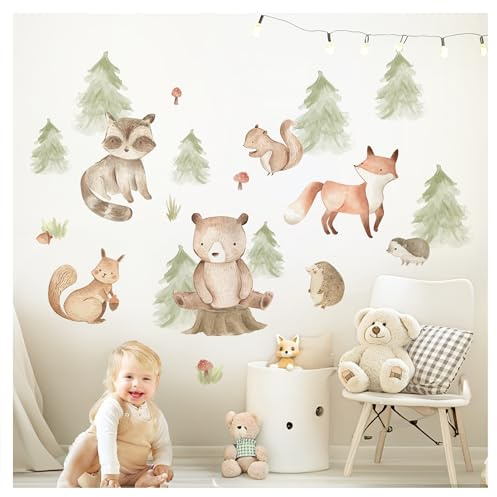 DEKO KINDERZIMMER Wandtattoo Waldtiere Wandaufkleber Bär Fuchs Hase Wandsticker für Kinderzimmer Babyzimmer Wanddeko DK1092-4