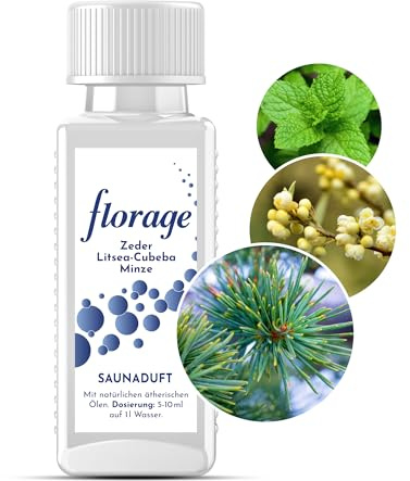 Florage 100ml Saunaaufguss ZEDER LITSEA CUBEBA MINZE - 50 Jahre Erfahrung als deutsche Duftmanufaktur, hochergiebiges Aufgussmittel für die Sauna, viele Aufguss Düfte, vegan und ohne Tierversuche