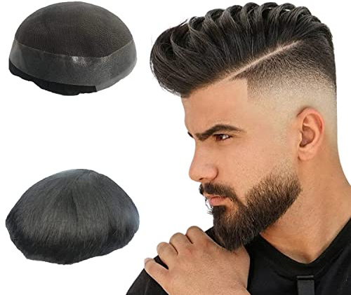 NLW Echthaar-Toupet für Männer Herren-Toupet Schweizer Spitze kombiniert mit PU Naturhaar Ersatzsystem schwarz base 8 * 6