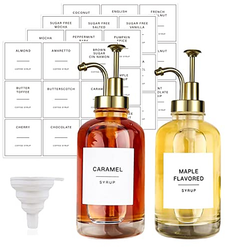 2 Stück Kaffeesirupspender mit 36 ​​Etiketten, Pumpspender, Kaffeebar, Minimalistische Glasahorn/Kaffeeflaschen, Einfache Sirupflaschen, Glas Spenderflaschen für Kaffee, Bar, Hausbar, 500 ml (Gold)